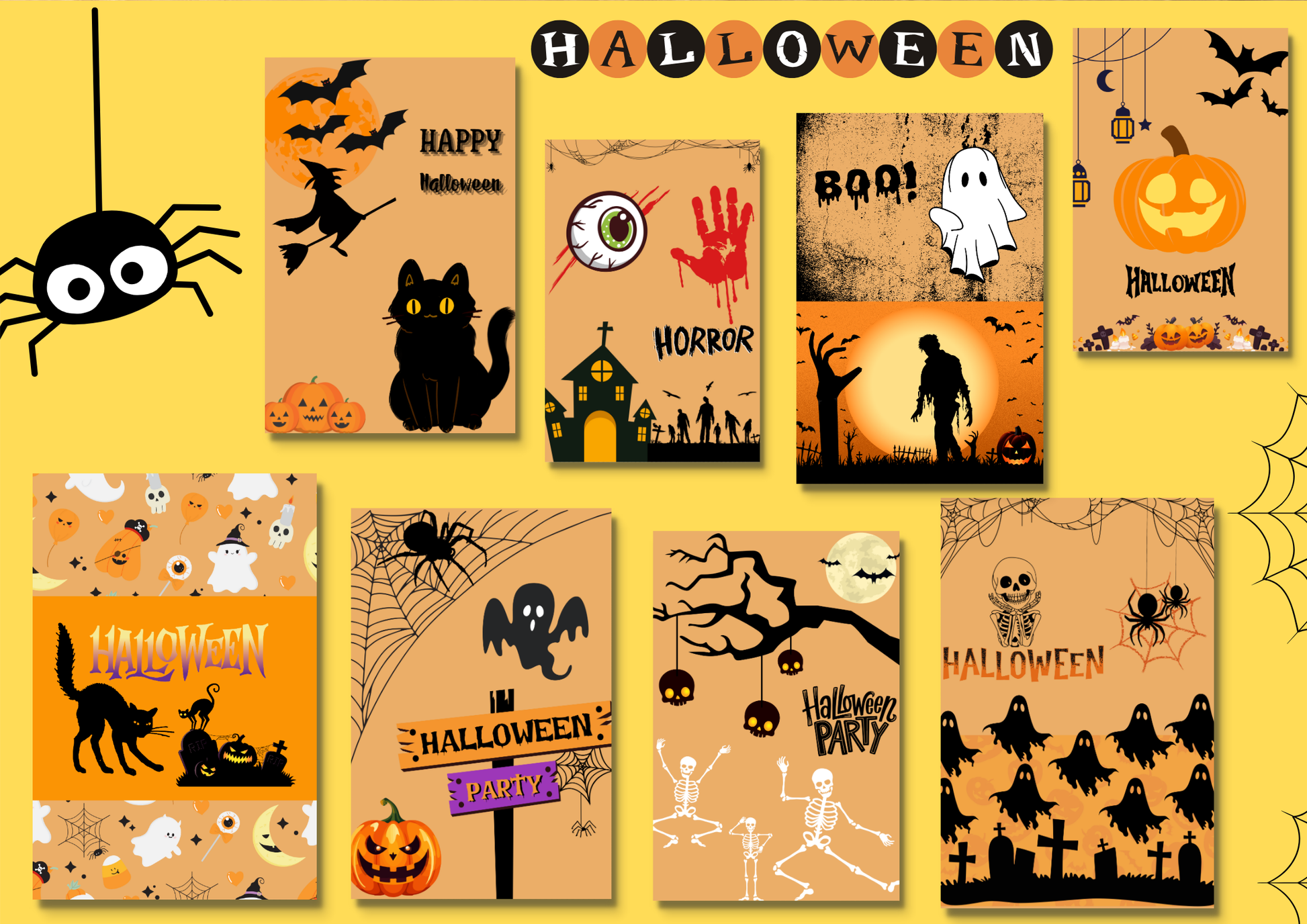 ENSEMBLES DE 8 AFFICHES NUMERIQUES COLLECTION  HALLOWEEN 1 (42X59.4CM) - Creativehandgallery