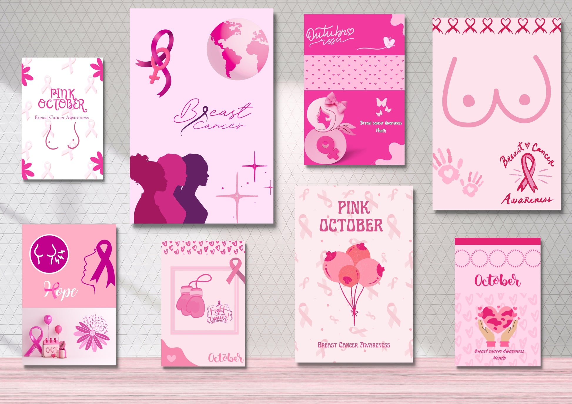 ENSEMBLES DE 8 AFFICHES NUMERIQUES COLLECTION OCTOBRE ROSE (42X59.4CM) - Creativehandgallery